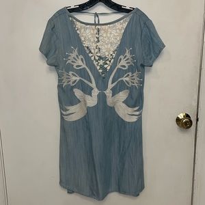 Judith March Chambray Embroidered Bird Dress